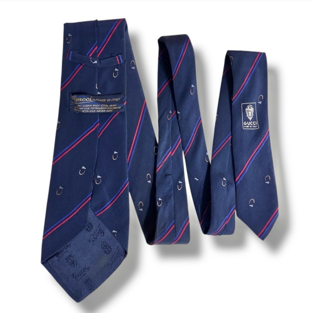 GUCCI Navy Silk Tie with Stripes & Circle Bit Pattern VINTAGE - Picture 3 of 7